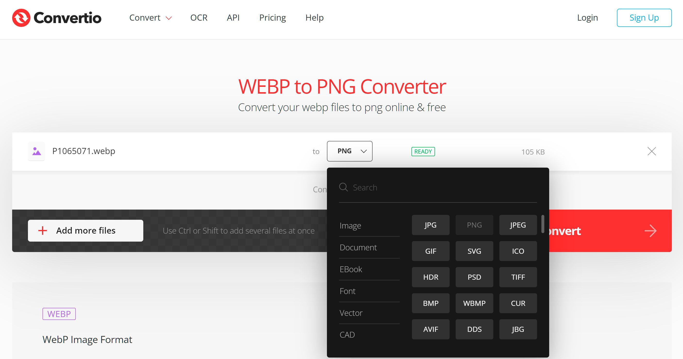 Wybierz format PNG do konwersji z WebP Online..