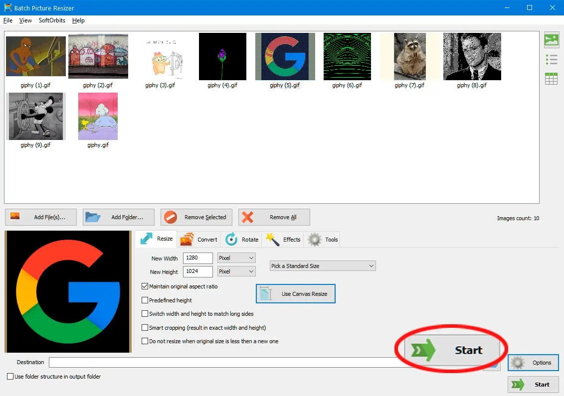  Output folder and Start button..
