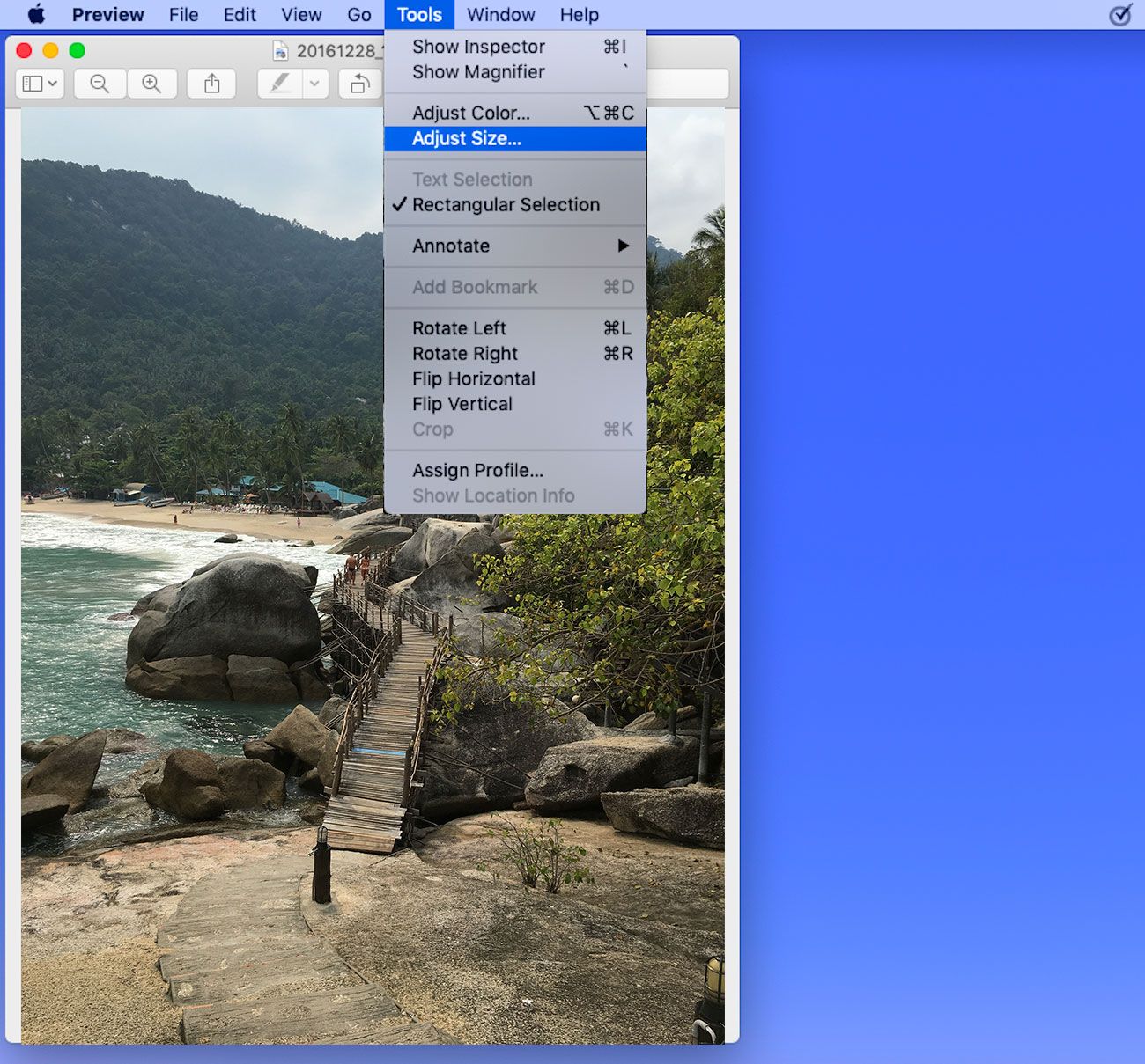Dopasuj rozmiar pliku obrazu na Macu w MB lub KB..