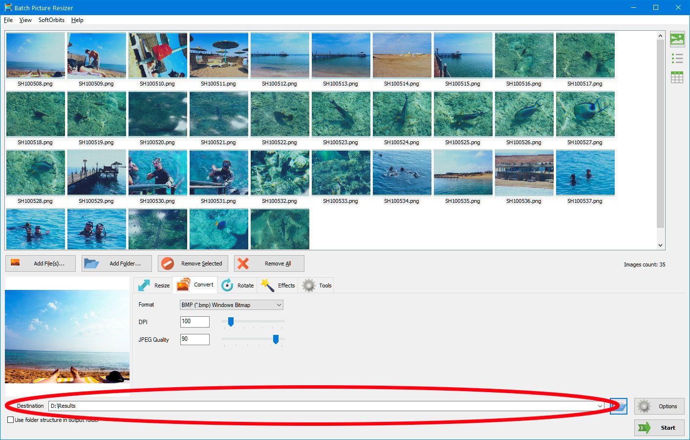 Wybierz folder docelowy w programie Batch Picture Resizer..