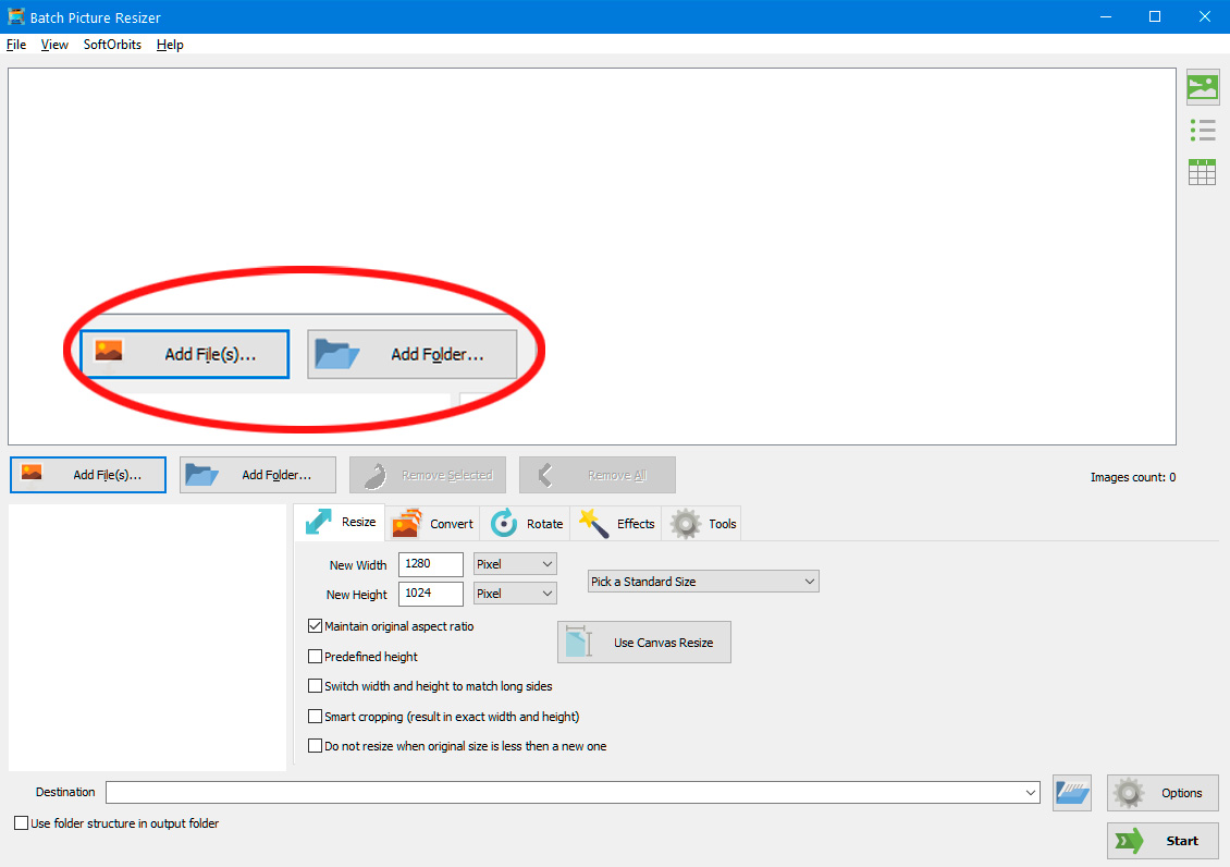 Dodawanie plików do zmiany rozmiaru wielu obrazów w systemie Windows 11.