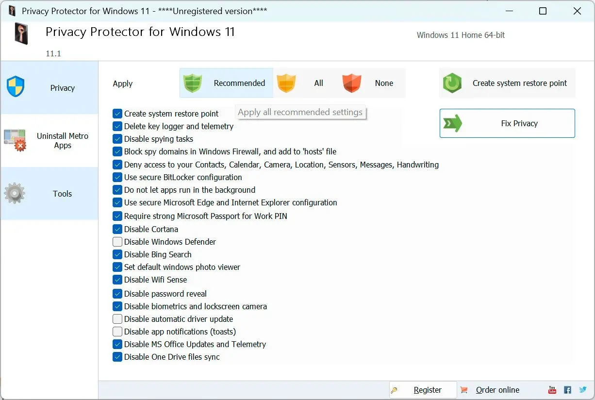 Privacy Protector for Windows 11 Zrzut ekranu.