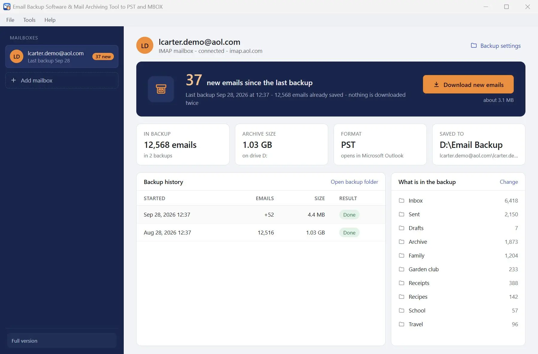Email Backup Software & Mail Archiving Tool to PST and MBOX Zrzut ekranu.