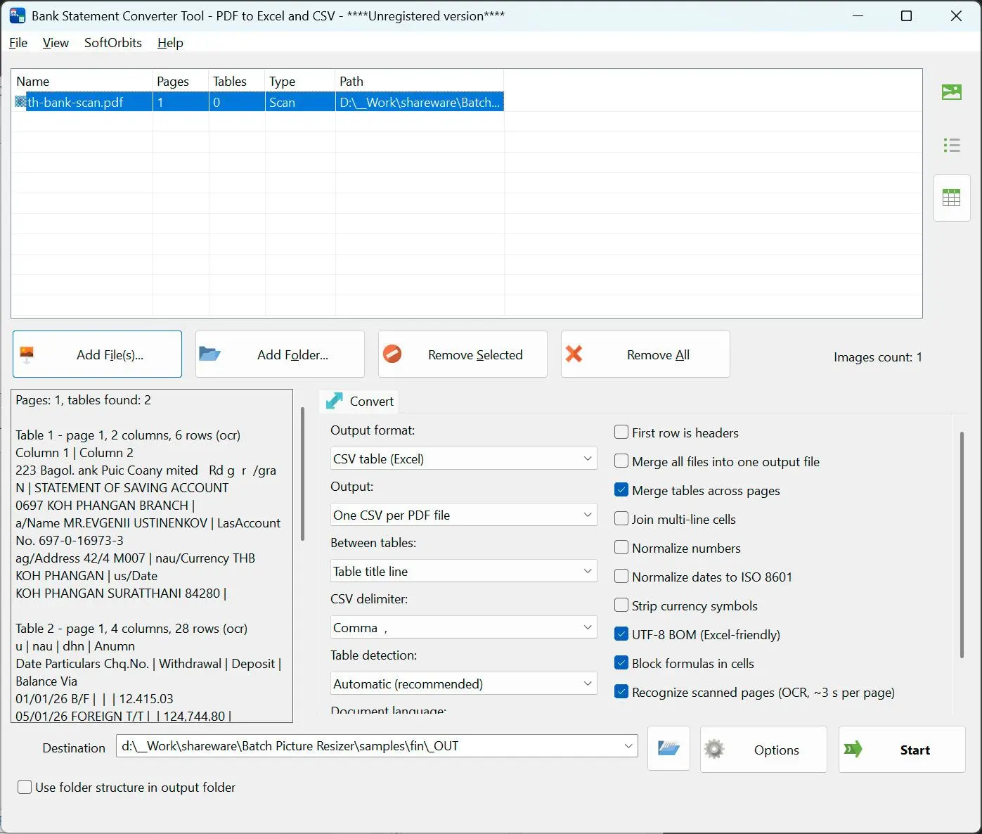 PDF to CSV Converter Zrzut ekranu.