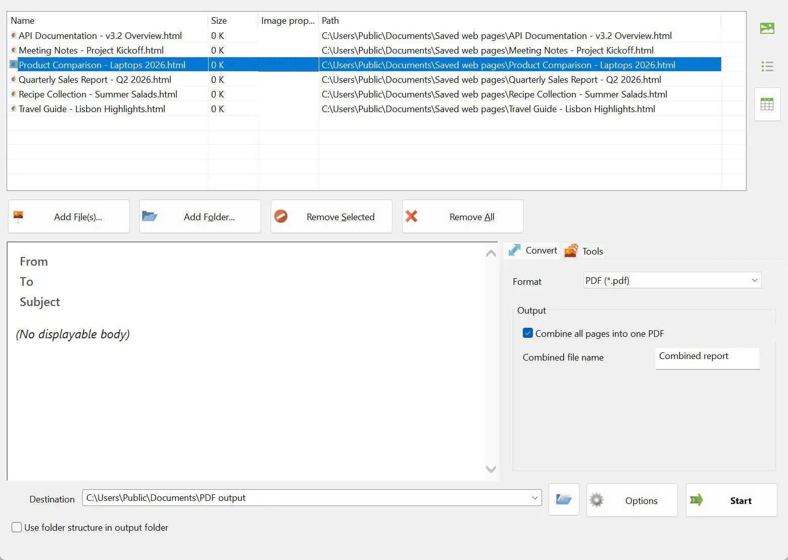 Batch HTML to PDF Converter Zrzut ekranu.