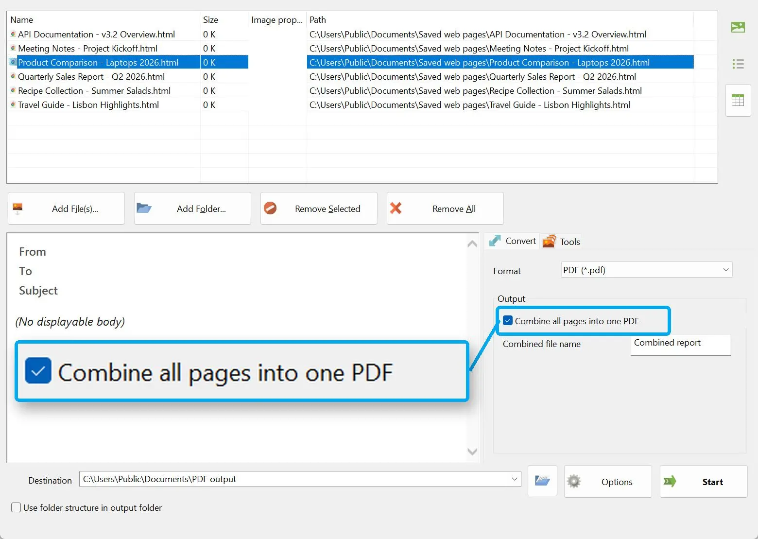 Zaznacz opcję "Połącz wszystkie strony w jeden plik PDF".
