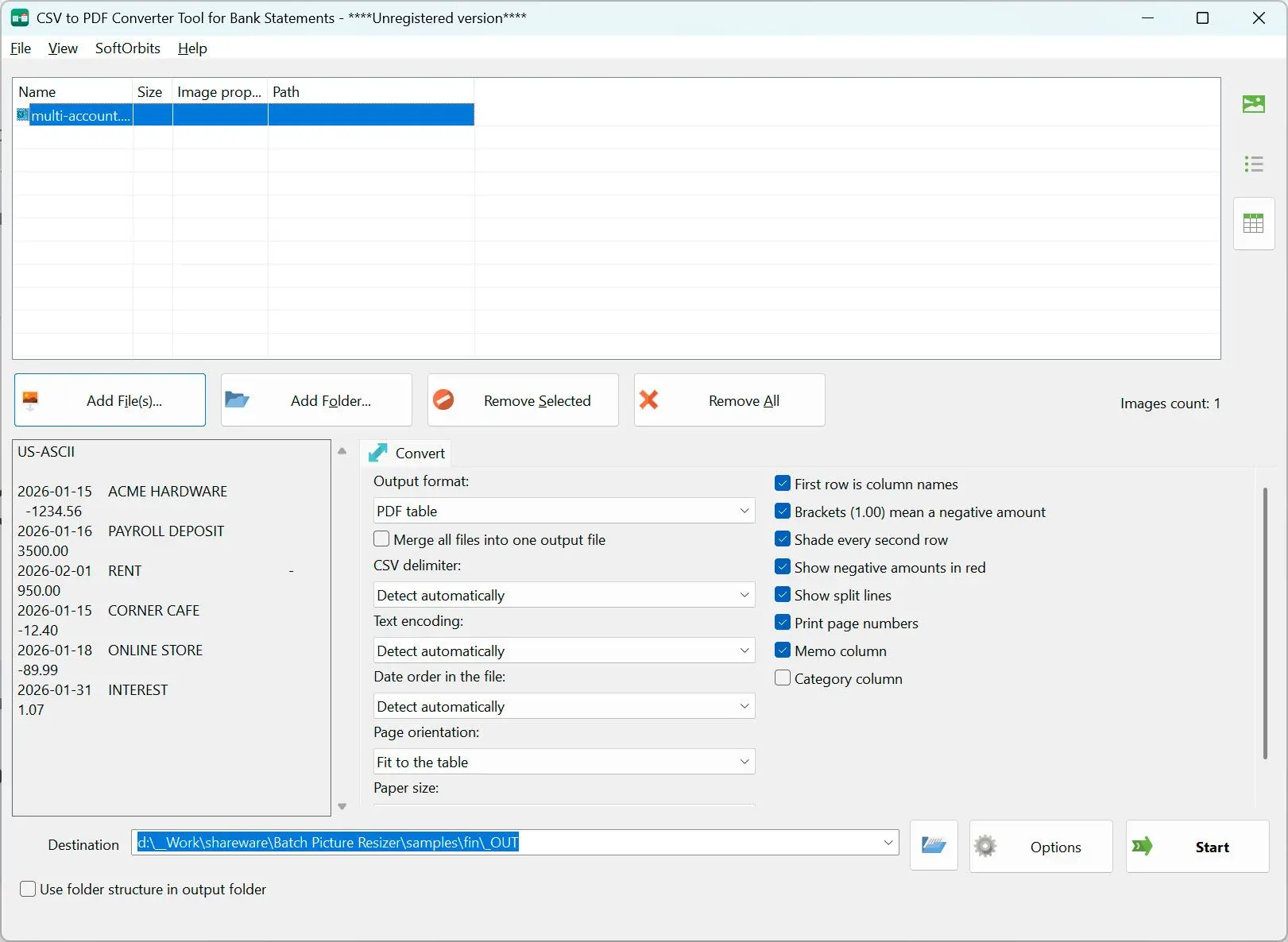 CSV to PDF Converter Zrzut ekranu.