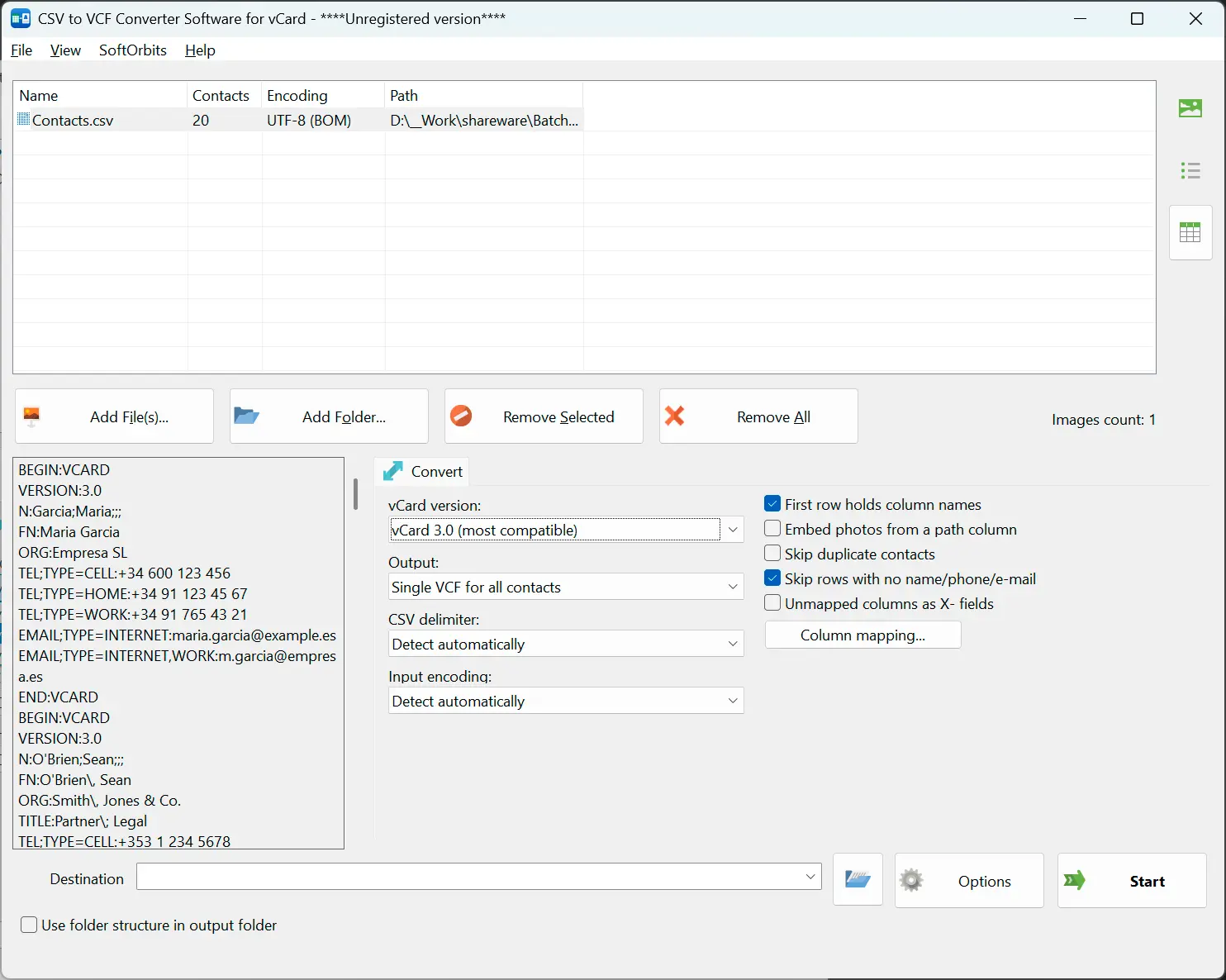 CSV to VCF Converter Software for vCard Zrzut ekranu.