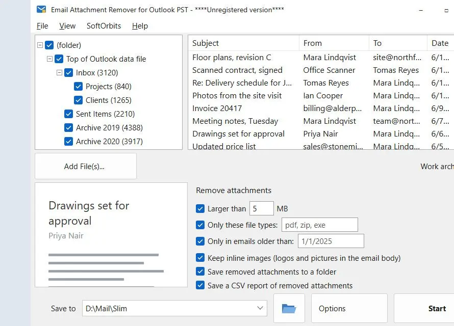 Email Attachment Remover for Outlook PST Zrzut ekranu.