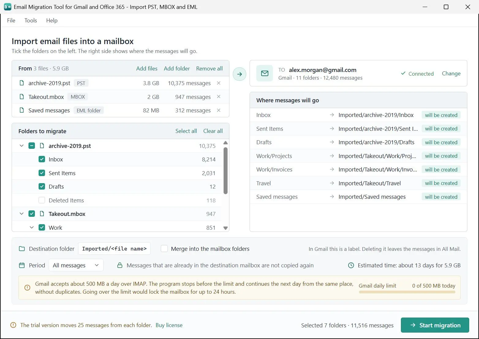 Email Migration Tool for Gmail and Office 365 - Import PST, MBOX and EML Zrzut ekranu.