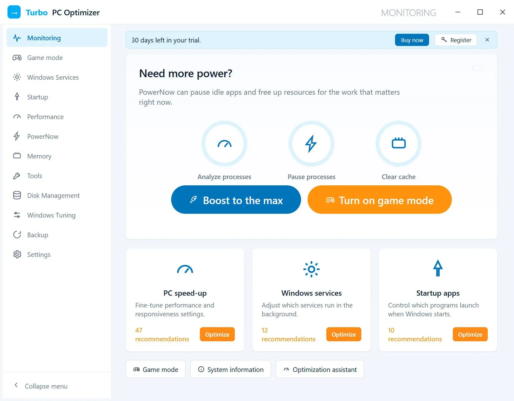 Turbo PC Optimizer Zrzut ekranu.