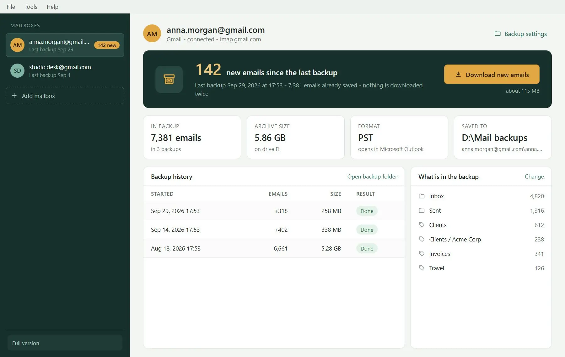 Gmail Backup & Export Software to PST and MBOX Zrzut ekranu.