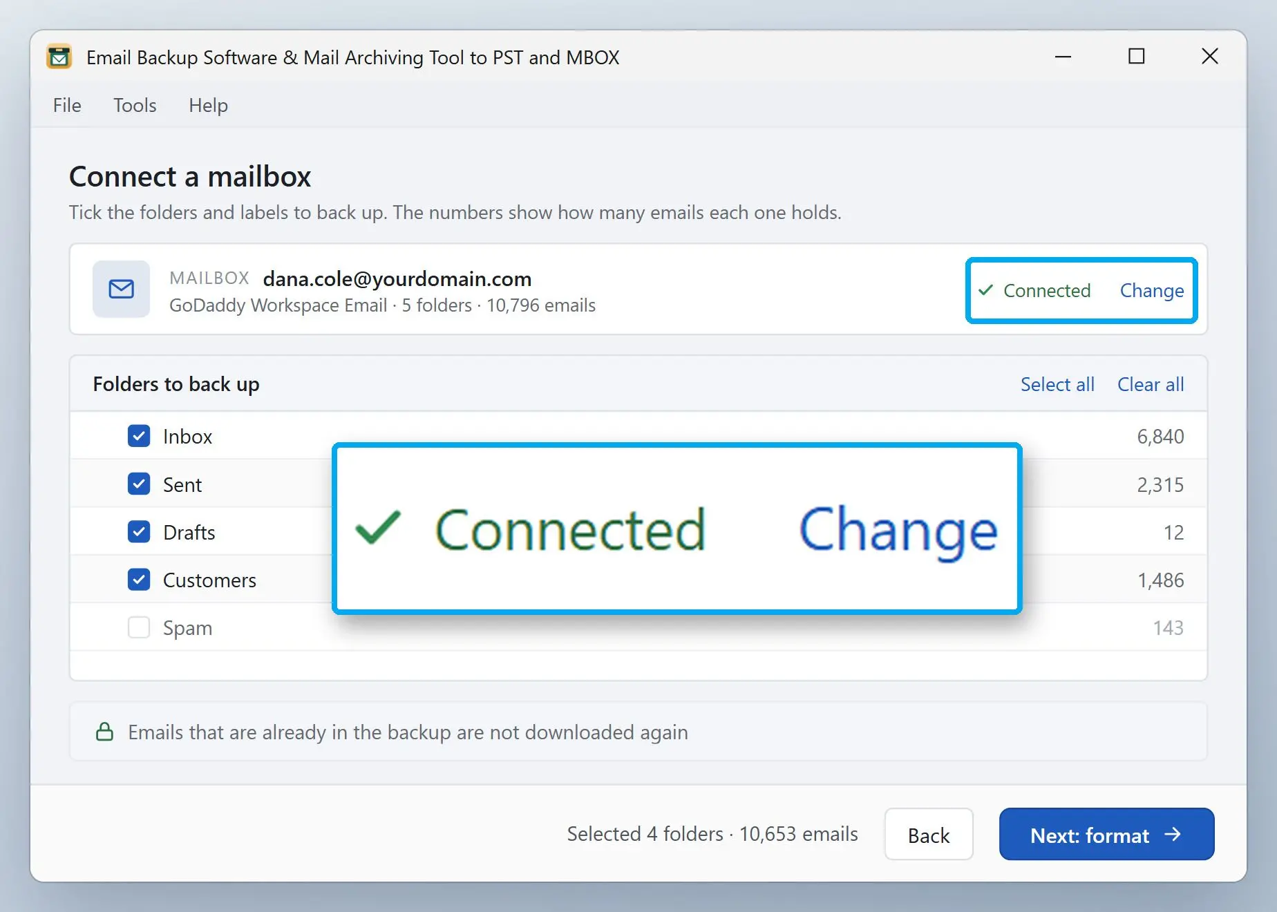 Email Backup Software & Mail Archiving Tool to PST and MBOX Zrzut ekranu.