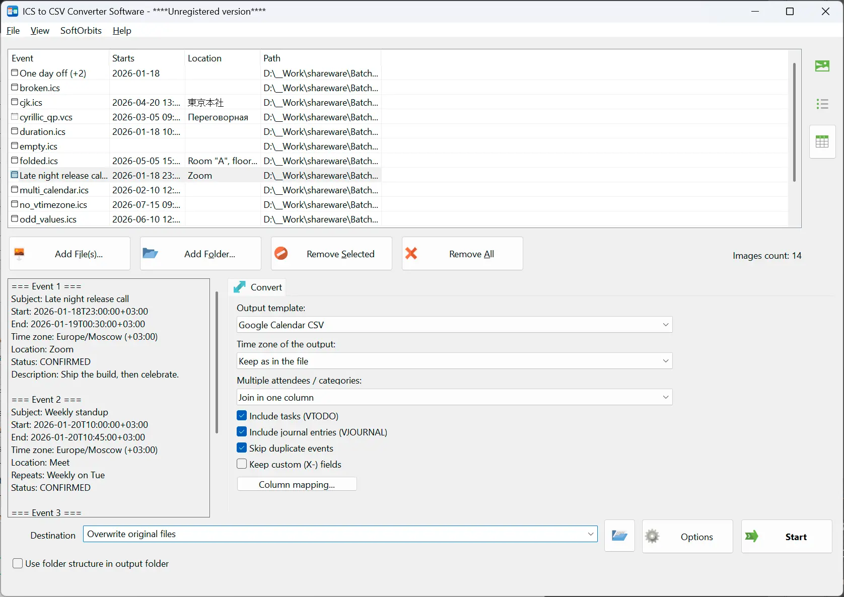 ICS to CSV Converter Zrzut ekranu.