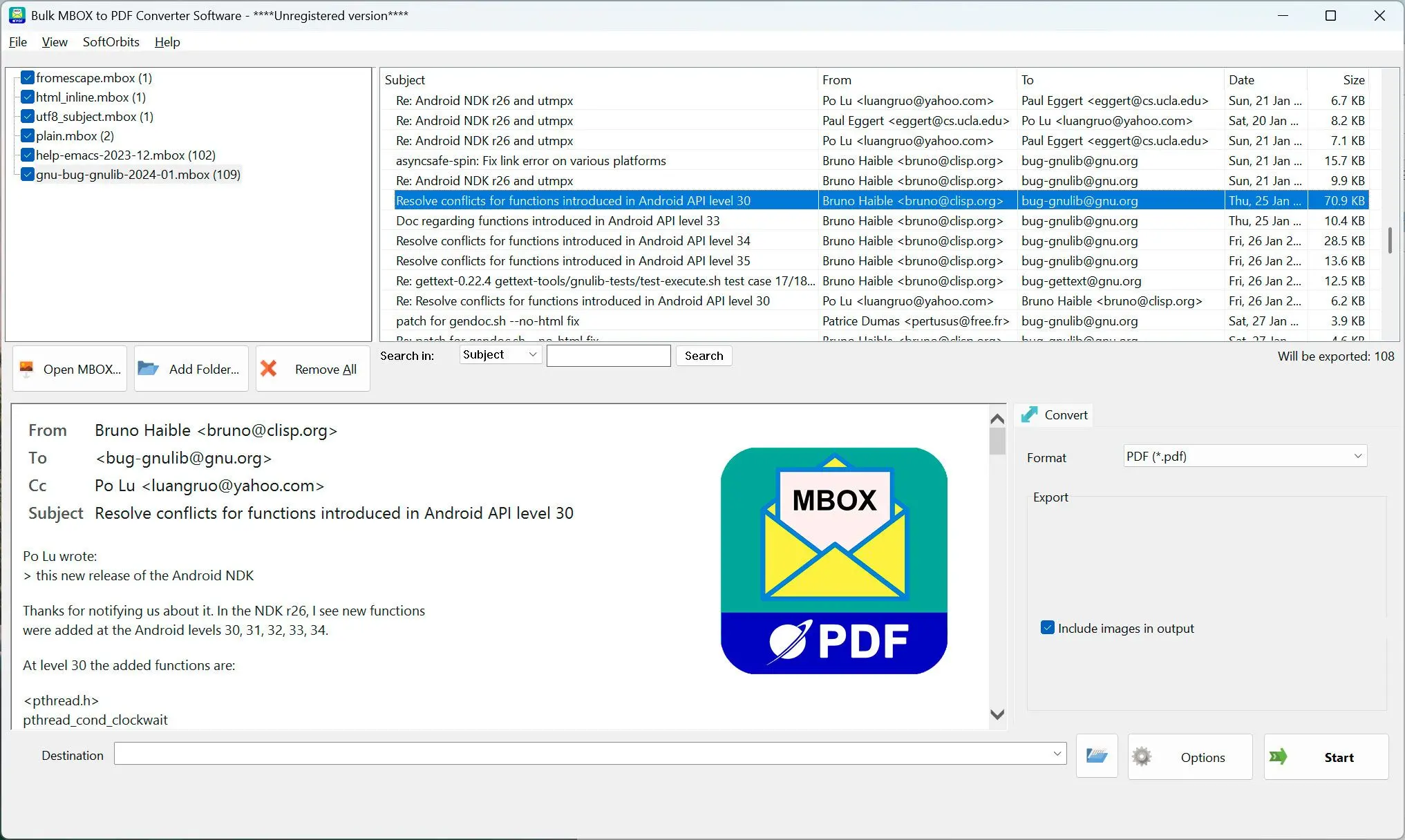 MBOX to PDF Converter Software Zrzut ekranu.