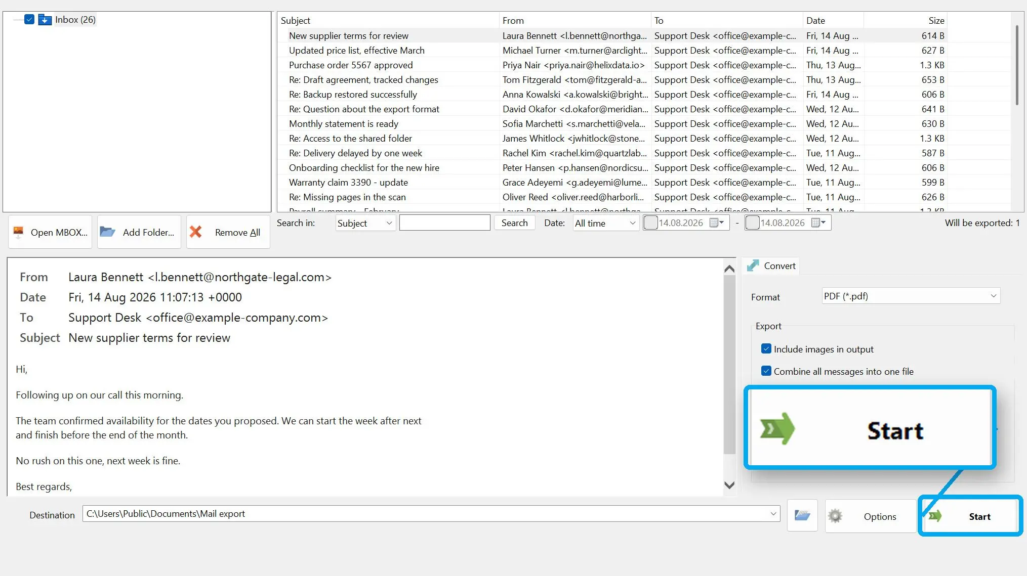 MBOX to PDF Converter Software Zrzut ekranu.