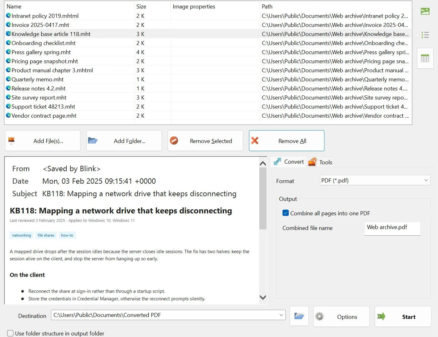 MHTML to PDF Converter Zrzut ekranu.