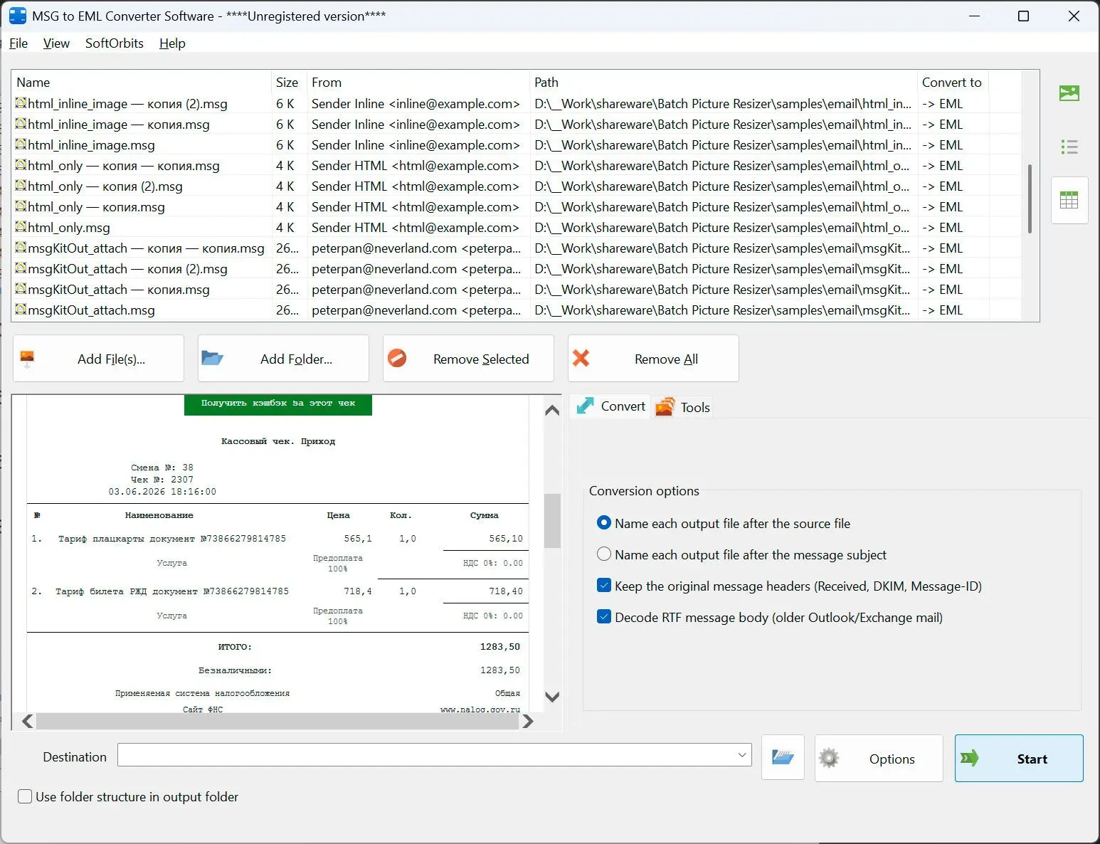 MSG to EML Converter Software Zrzut ekranu.