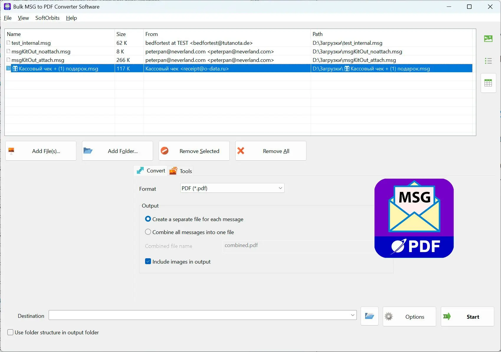MSG to PDF Converter Software Zrzut ekranu.