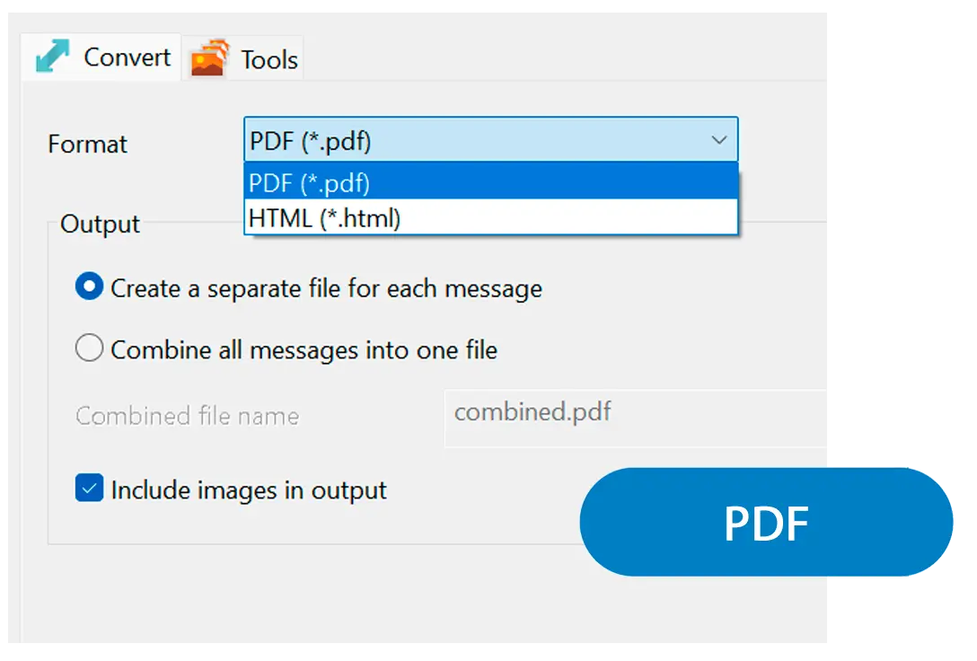 Wybierz format PDF lub HTML i sposób grupowania.