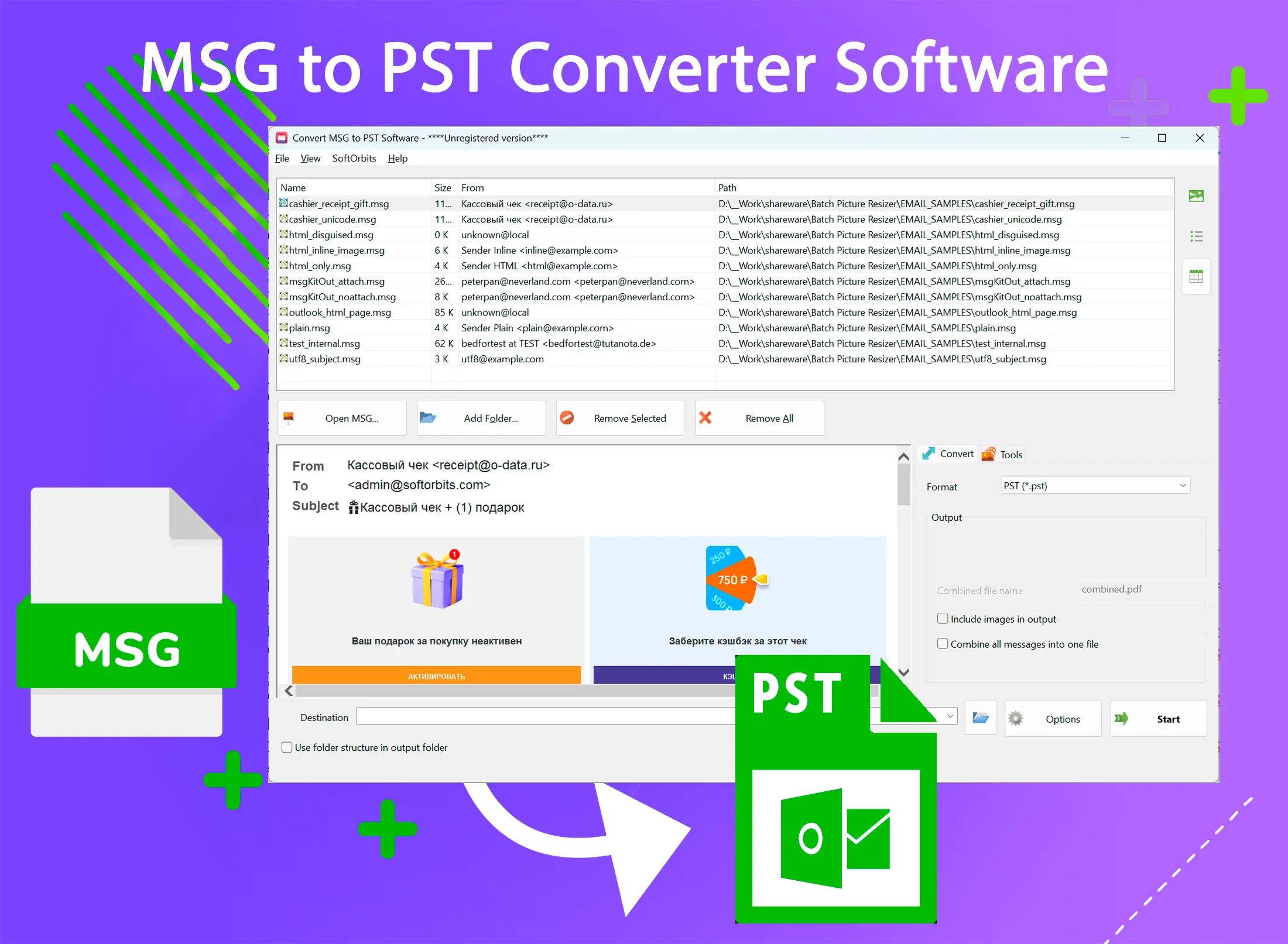 MSG to PST Converter Software Zrzut ekranu.
