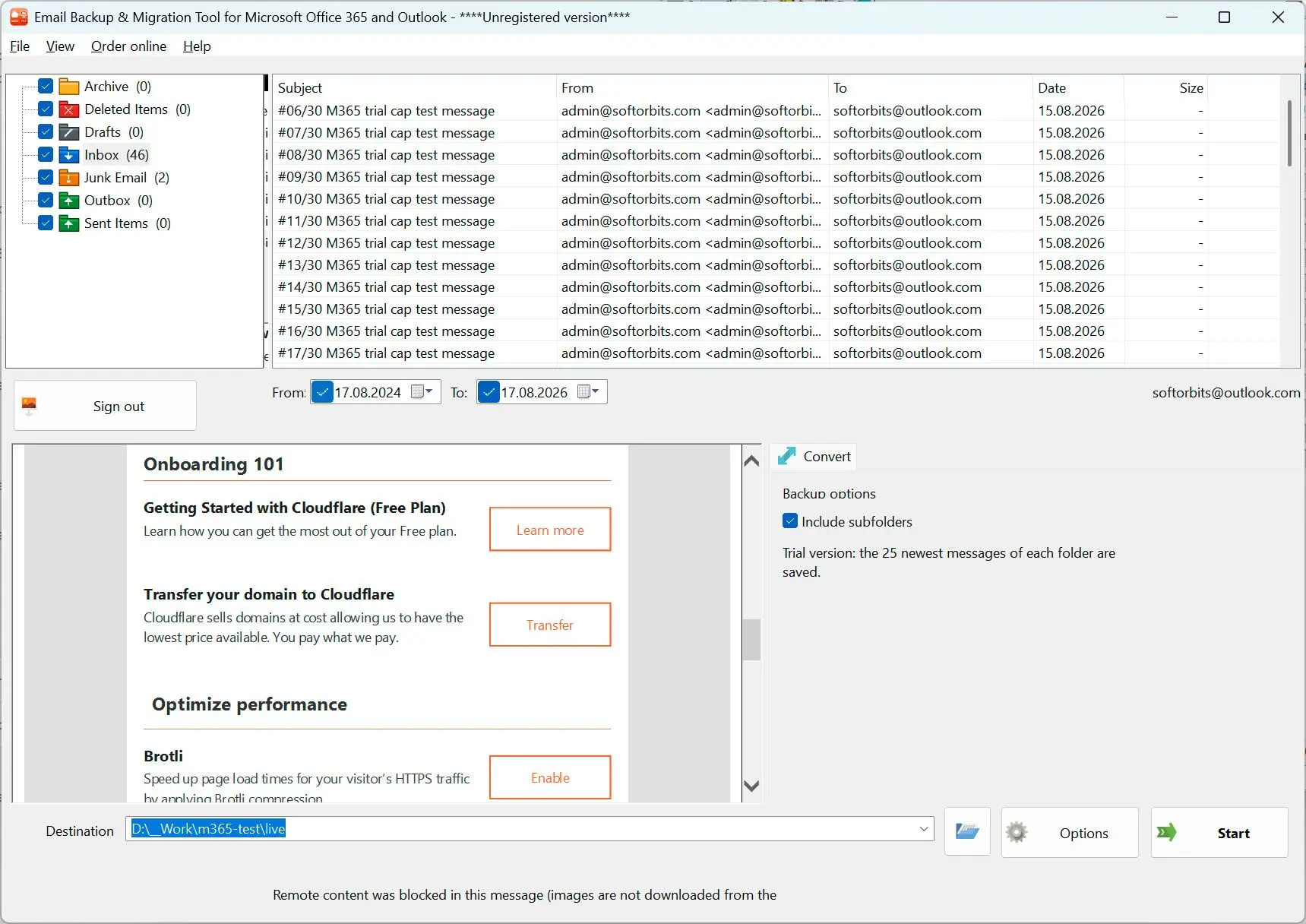 Email Backup & Migration Tool for Microsoft Office 365 and Outlook Zrzut ekranu.