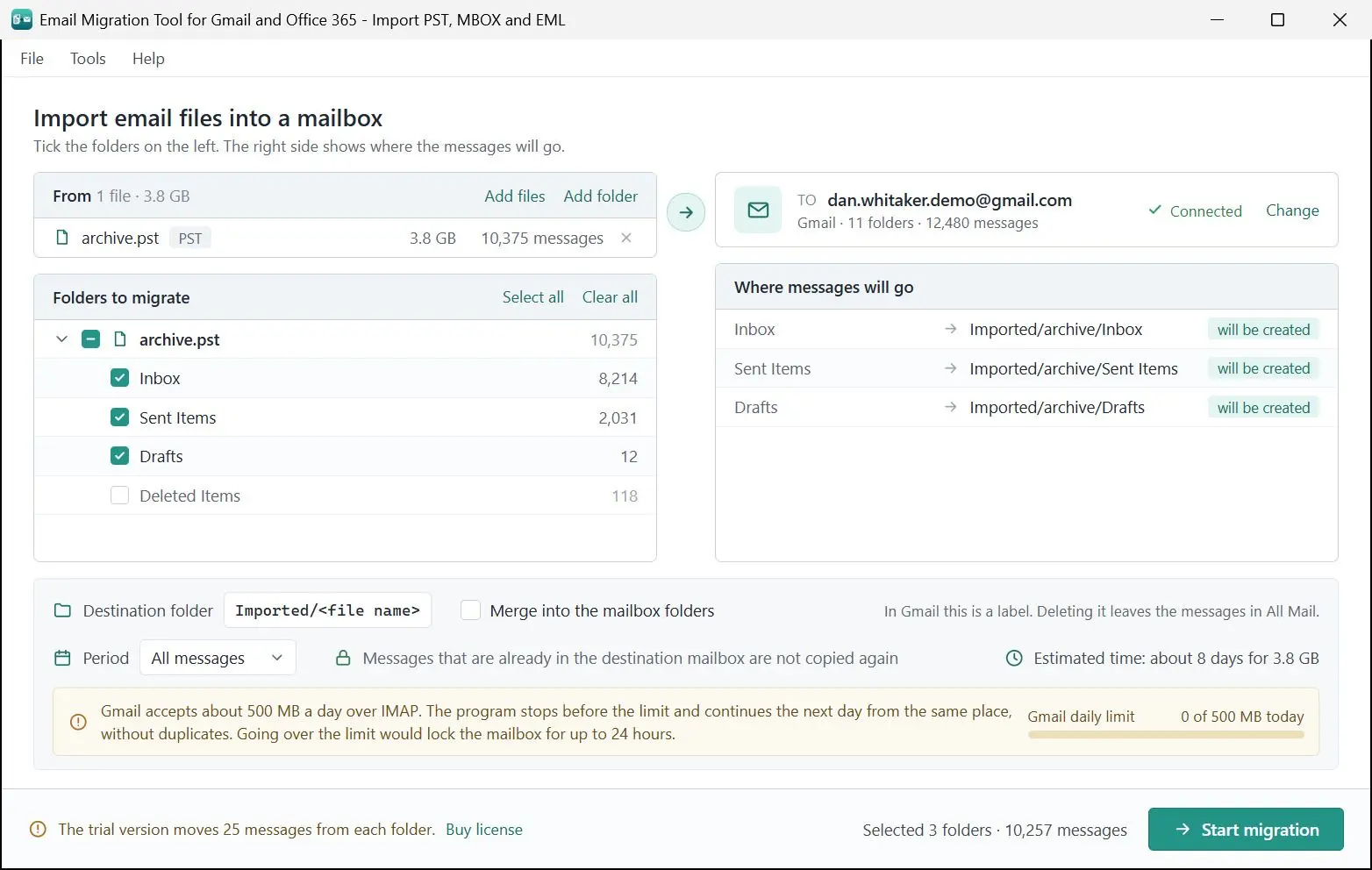 Email Migration Tool for Gmail and Office 365 - Import PST, MBOX and EML Zrzut ekranu.