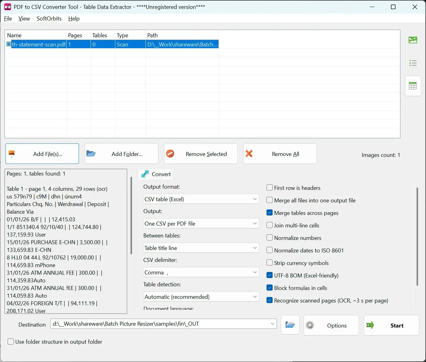PDF to CSV Converter Zrzut ekranu.