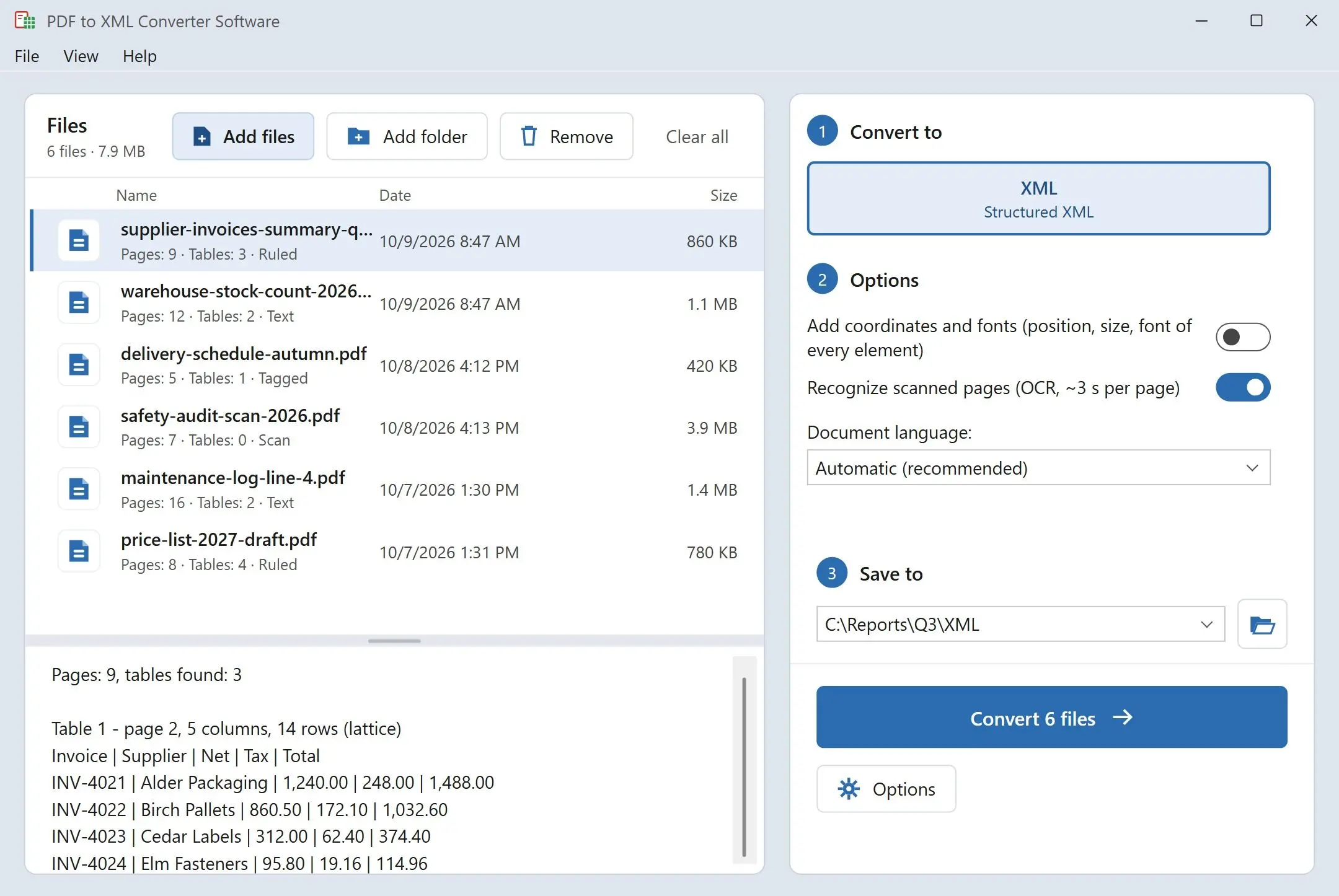 PDF to XML Converter Software Zrzut ekranu.
