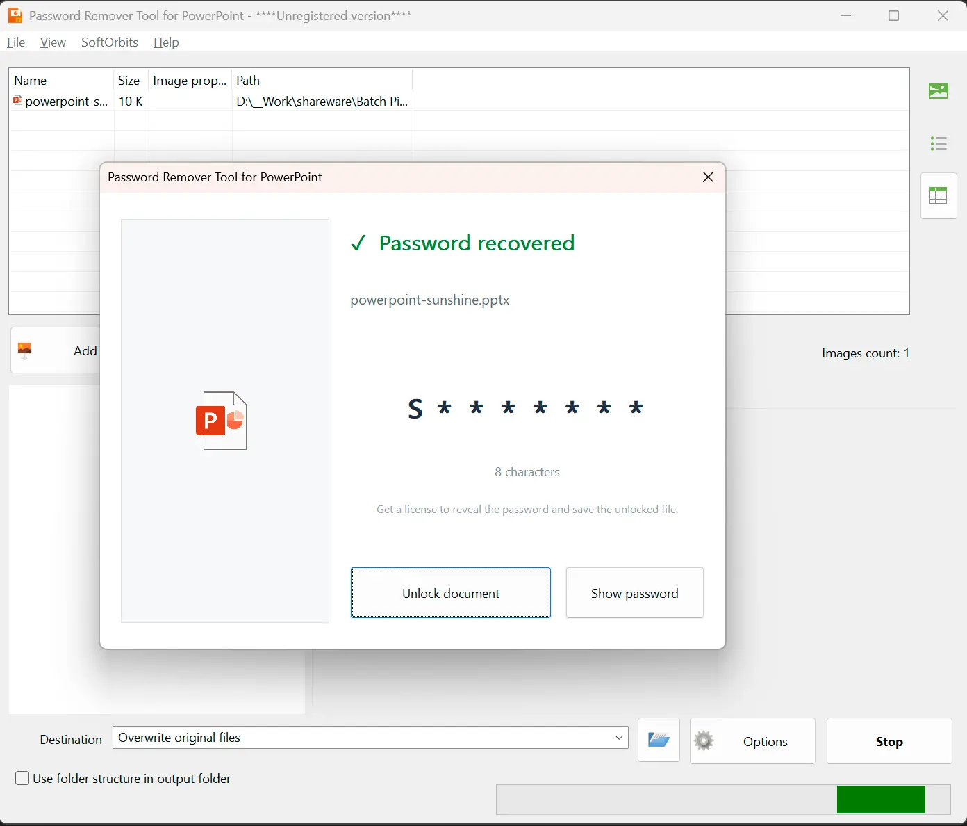 Password Remover Tool for PowerPoint Zrzut ekranu.