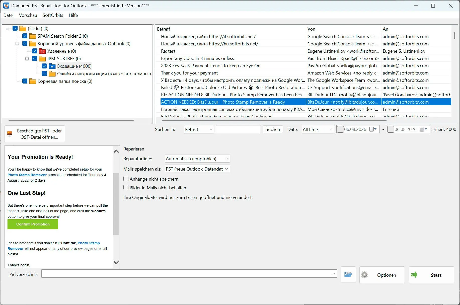 PST Repair Tool for Outlook Zrzut ekranu.