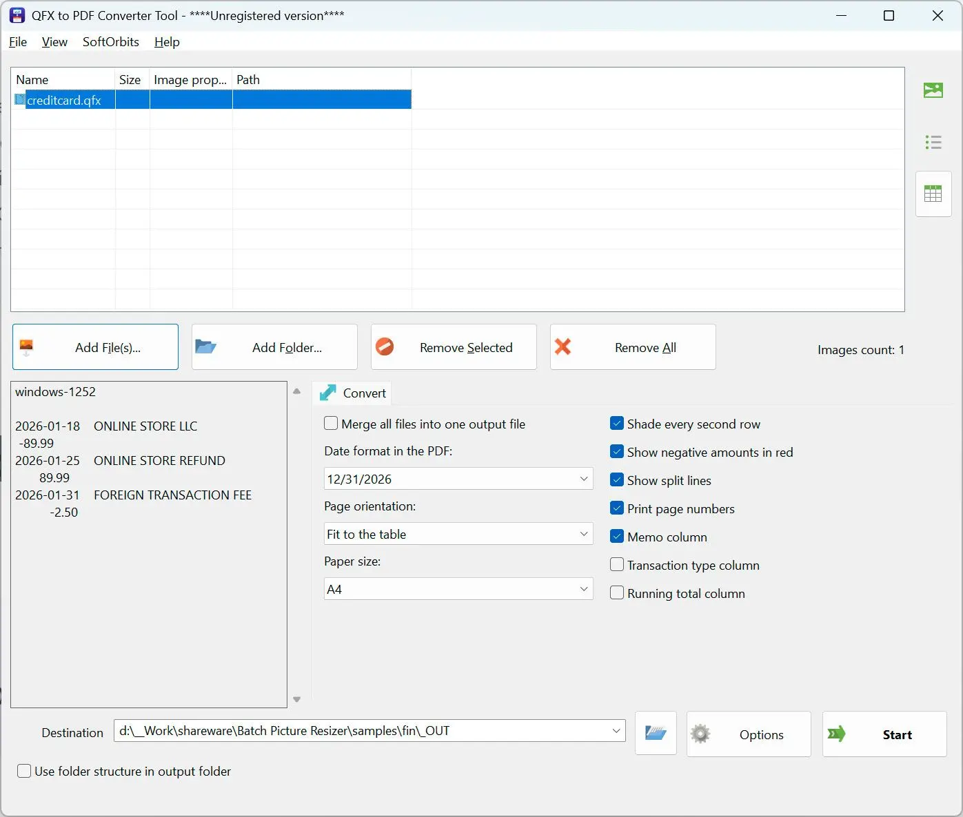 QFX to PDF Converter Zrzut ekranu.