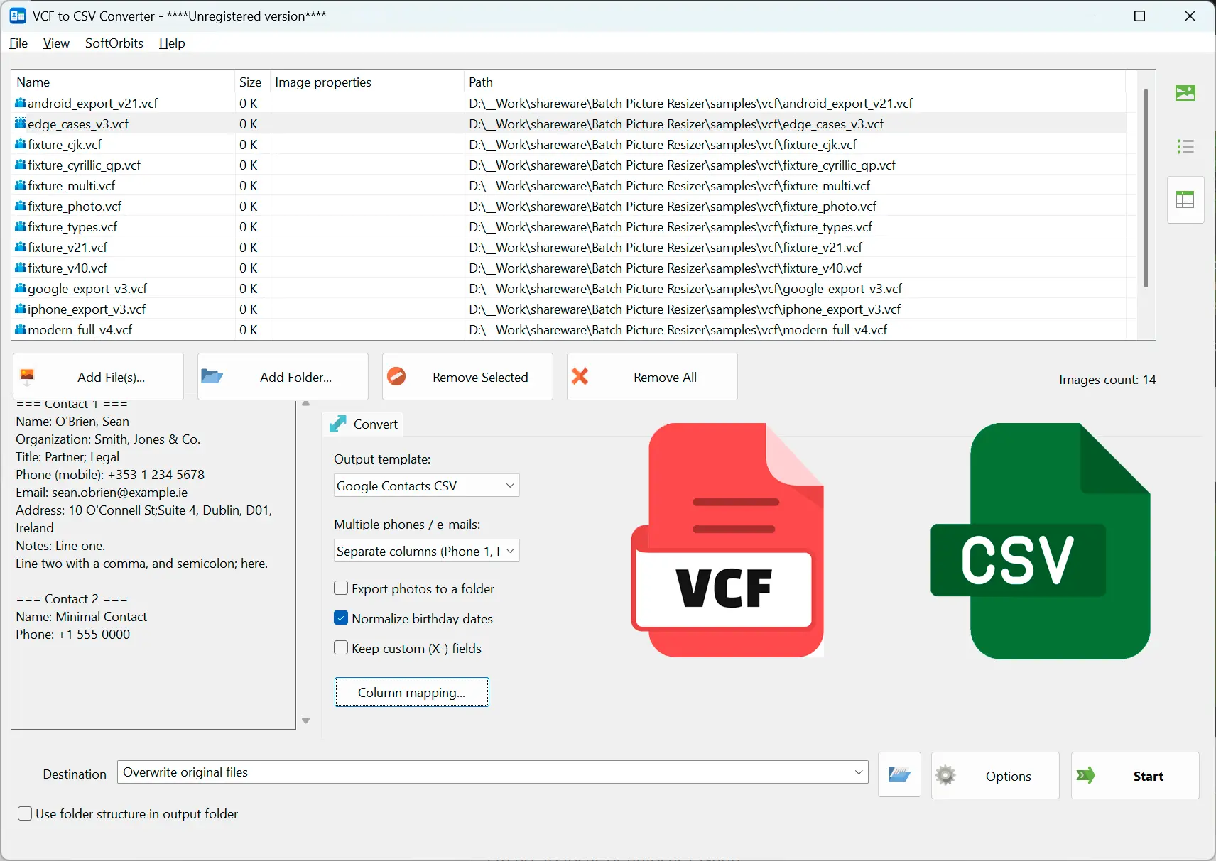 VCF to CSV Converter Software Zrzut ekranu.