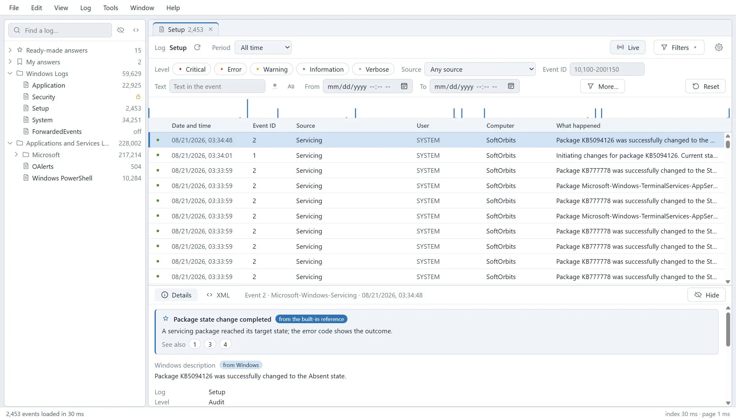 Windows Event Log Viewer Zrzut ekranu.