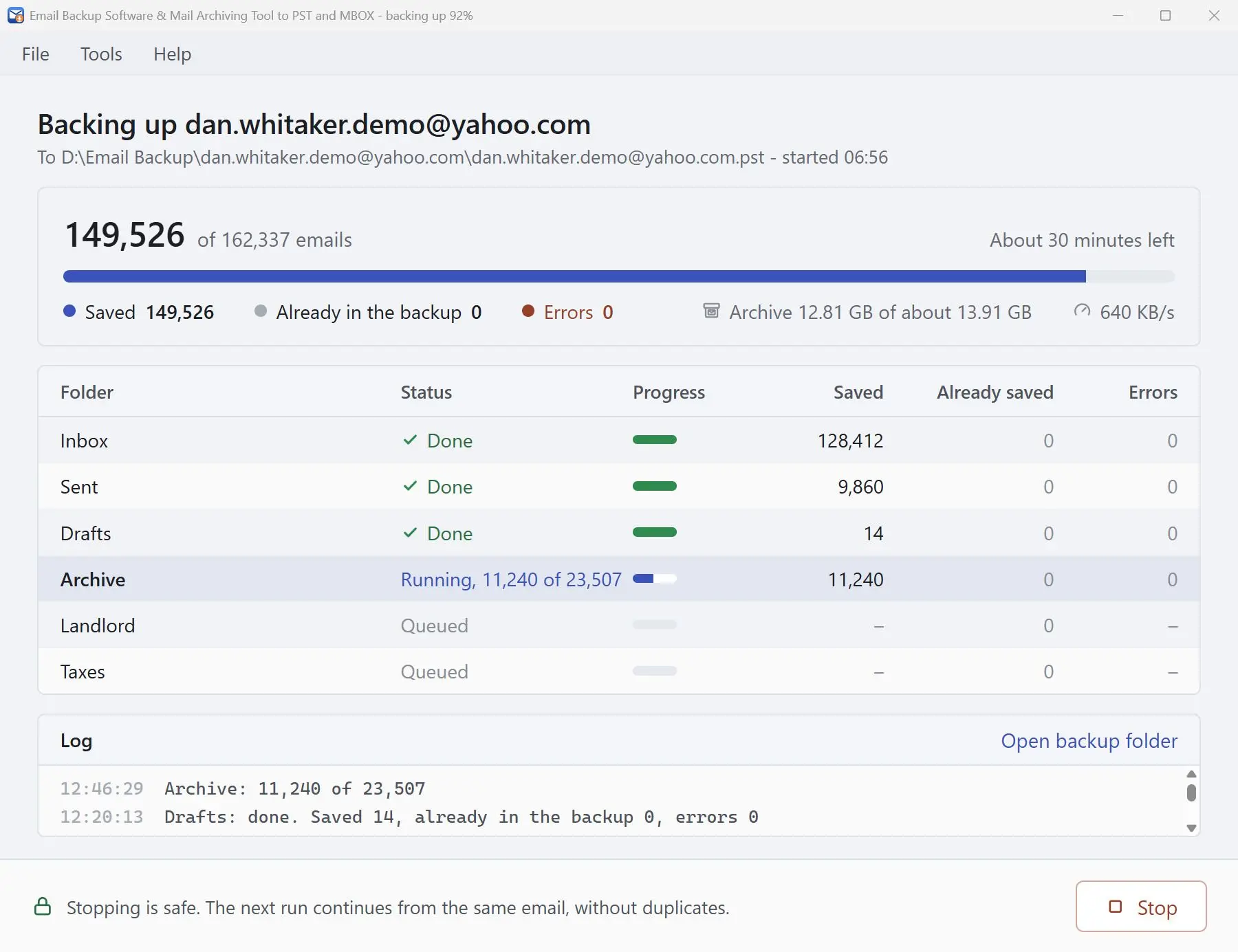 Email Backup Software & Mail Archiving Tool to PST and MBOX Zrzut ekranu.