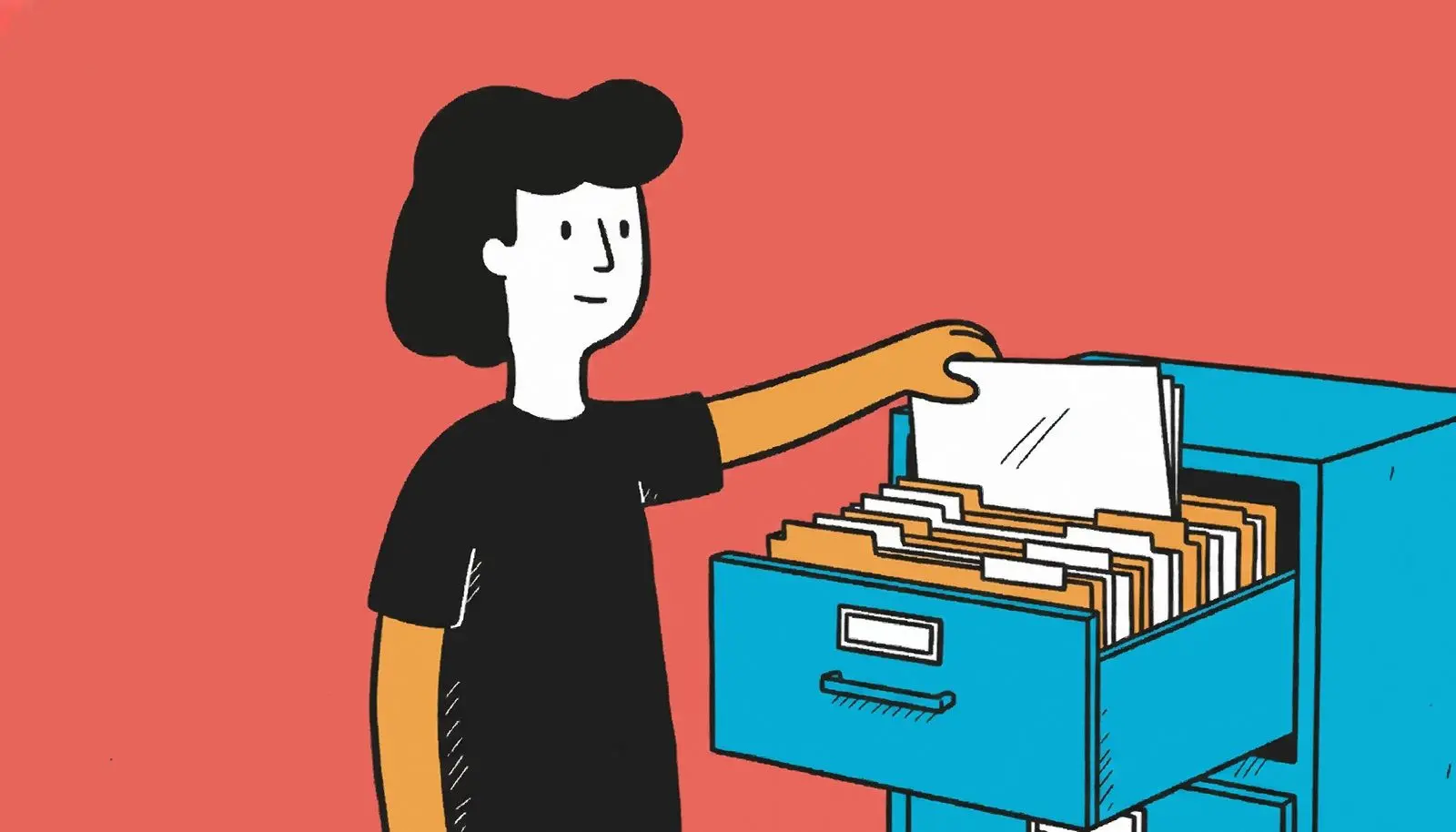 Pojedynczy papierowy folder wyciągnięty z pełnej szafki na akta.